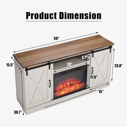 AMERLIFE Fireplace TV Stand with Sliding Barn Door for TVs up to 65", Distressed White & Barnwood