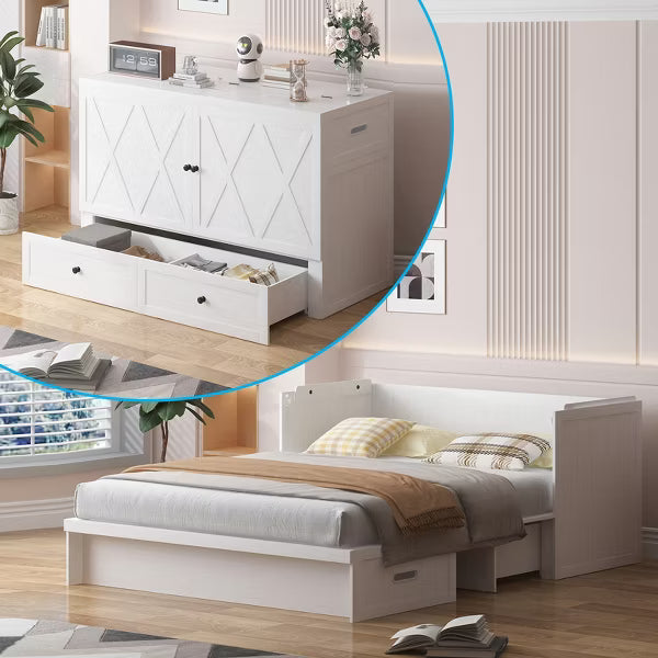 Mjkone Queen Murphy Bed with Charging Station & Storage Drawer,Space-Saving Design,No Mattress,White