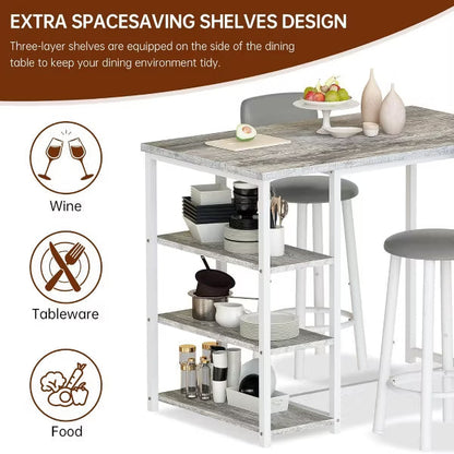 Hooseng Kitchen Dining Table Set for 2, Bar Table and Chairs Set with 3 Storage Shelves and 2 PU Leather Backrest Stools for Small Space