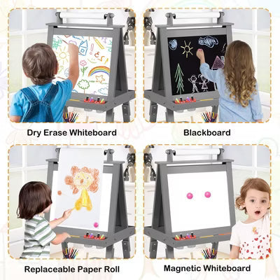 TODECARE Wooden 3-in-1 Kids Art Easel with Magnetic Whiteboard, Chalkboard, Paper Roll and Storage, Pink
