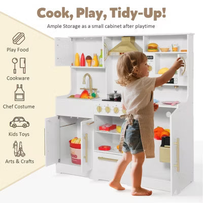 TODECARE Wooden Play Kitchen for Kids with Storage System, Ice Maker and Coffee Maker, Gift for Boys and Girls Age 3+