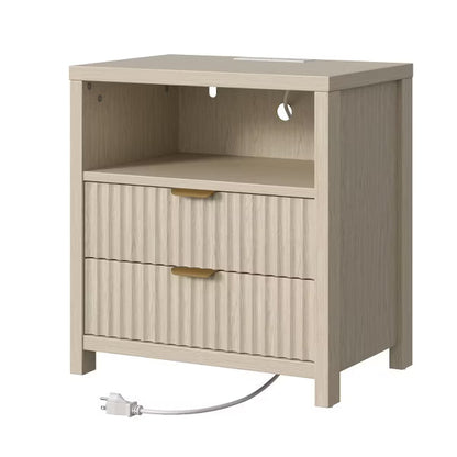 Qwatto Modern Fluted Bedside Table with Charging Station 19.7 Inch Nightstand 2 Wood Slide Drawers Open Shelf Metal Handle Wood Legs Bedroom End Table