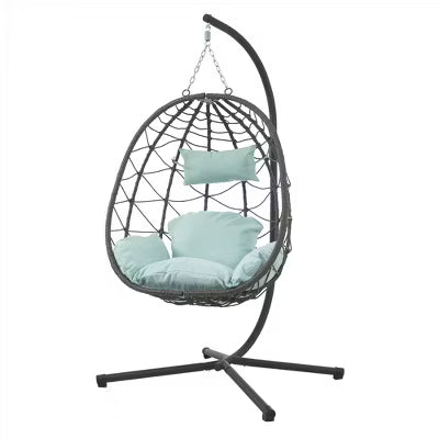 ELJGET Hanging Egg Chair with Stand, Indoor Outdoor Wicker Rattan Egg Swing Chair Hanging Basket Chair with Cushion Headrest, Blue