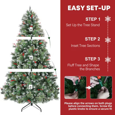 VIVATREES 6 Ft Prelit Snow Flocked Christmas Tree with Red Berries Partially Frosted Xmas Pine Tree 956 PVC Branch Tips 250 Warm White Lights