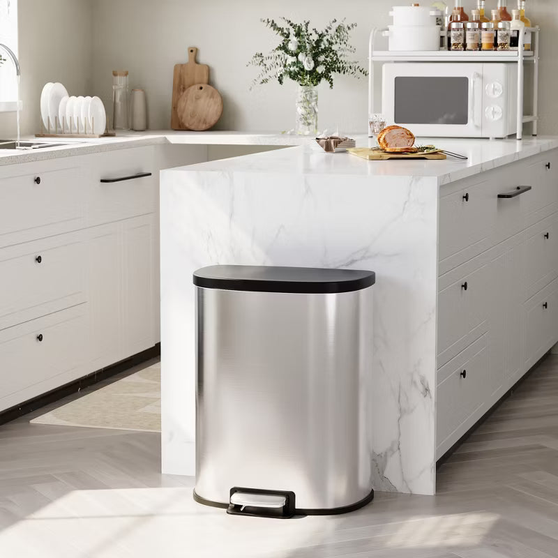 13.2 Gallon D-Shape Hands-Free Pedal Trash Can, Anti-Fingerprint Stainless Steel Bin with Removable Inner Bucket for Garbage Recycling