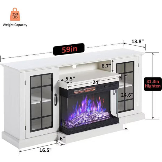 AMERLIFE 3-Sided Glass Fireplace TV Stand with LED Lights ,Fireplace Media Entertainment Center Console Cabinet Table with Glass Door Closed Storage