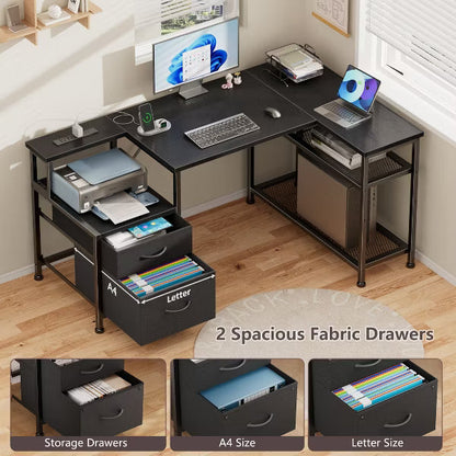 Qwatto 49" Black L Shaped Computer Desk with 2 Drawers and Charging Station Corner Gaming Desk with Storage Shelves Home Office Writing Workstation