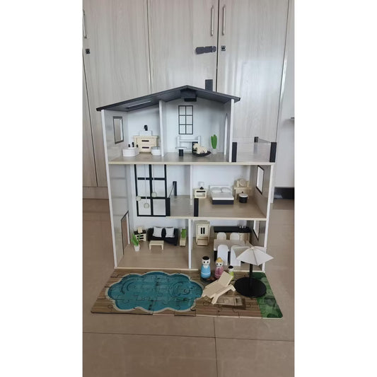 TODECARE Modern Wooden Dollhouse for Kids, 8-Room Doll House with 81 Furniture Pieces, Dolls & Pets, Pretend Play Set for Ages 3+, White