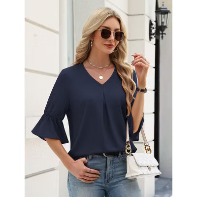 Zeagoo Women's 3/4 Bell Sleeve Blouse V Neck Front Pleated Flare Loose Casual Top-Dark Blue-S