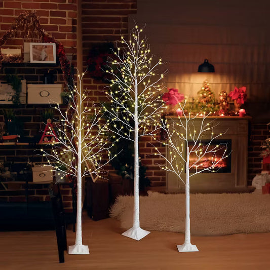 DR.Planzen Artificial Trees, 3-Pack LED Lighted White Birch Trees, 8ft 6ft 4ft Faux Trees, Perfect Artificial Christmas Trees for Home Party Decor