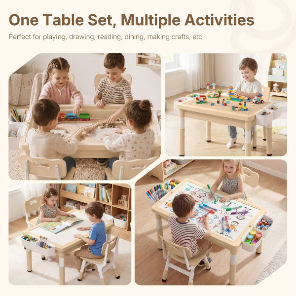 TODECARE Kids Height-Adjustable Table and 4 Chairs Set with Large Storage and Reversible Activity Desktop, Beige