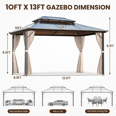 EROMMY 13 Ft. W x 10 Ft. D Outdoor Gazebo, Aluminum Frame Pergola with Double Roof Canopy, Permanent Pavilion with Netting and Curtains for Lawn