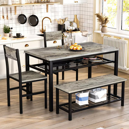 Hooseng 4 Pieces Dining Room Table Set with 2 Chairs and 1 Bench, 4-Person Dining Table Set with MDF Table Top, Metal Frame, and Storage Racks