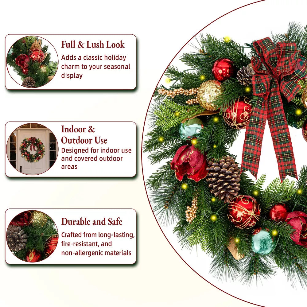 Romswi 24in Pre-Lit Artificial Christmas Wreath Realistic PE PVC Magnolia Battery-Powered Holiday Decoration with Timer LED Lights for Front Door
