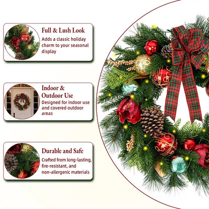Romswi 24in Pre-Lit Artificial Christmas Wreath Realistic PE PVC Magnolia Battery-Powered Holiday Decoration with Timer LED Lights for Front Door