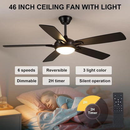 Kviflon 52 Inch Ceiling Fan with Light,Reversible DC Motor,Remote Control for Timer Setting,6 Speed Wind,for Bedroom,Kitchen,Outdoors
