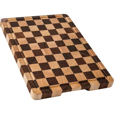 Checkered Cutting Board, Acacia Wood Chopping Board with Grooves and Handles, Butcher Block Serving Board for Kitchen, 16.5" x 11.6