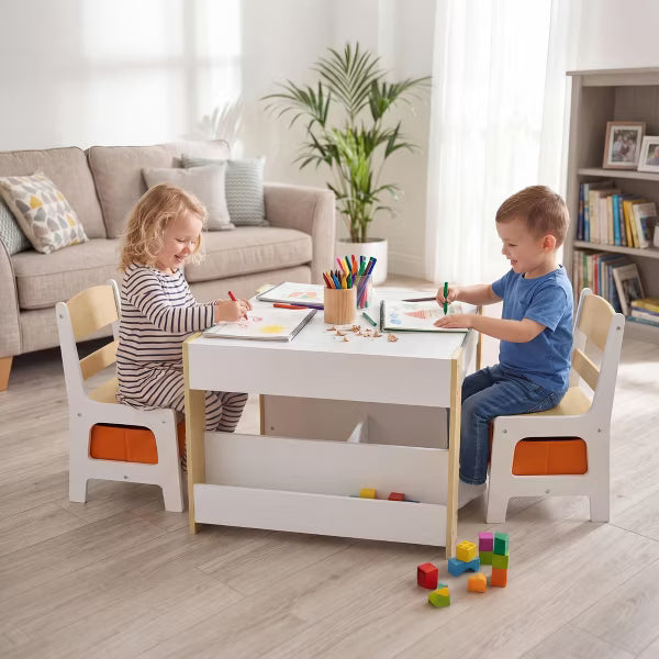 TODECARE 4 in 1 Kids Wooden Table and 2 Chairs Set with Double Bookcase and Blackboard for Kids, Natural