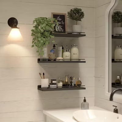 Floating Shelves with Black Metal Guardrail (Set of 3), Wall Storage Decor for Bedroom Kitchen Bathroom