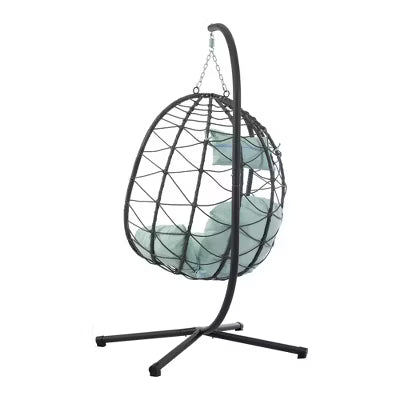 ELJGET Hanging Egg Chair with Stand, Indoor Outdoor Wicker Rattan Egg Swing Chair Hanging Basket Chair with Cushion Headrest, Blue