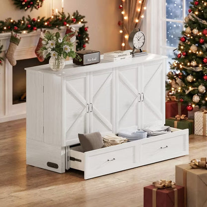 Mjkone Modern Queen Size Murphy Bed with USB ports,Drawers,with 4.7''Mattress, White