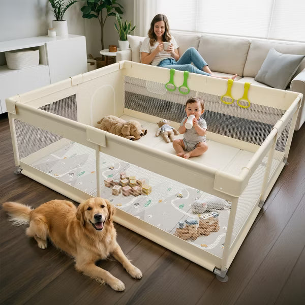 Fodoss 59x71in Baby Playpen with Mat – Safe Activity Center & Fence for Babies and Toddlers, Indoor & Outdoor Use (Mountain-yellow)
