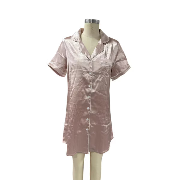 Ekouaer Womens Satin Sleepshirt Short Sleeve Button Down Nightgown Contrast Trim Pocket Lounge Dress Black S