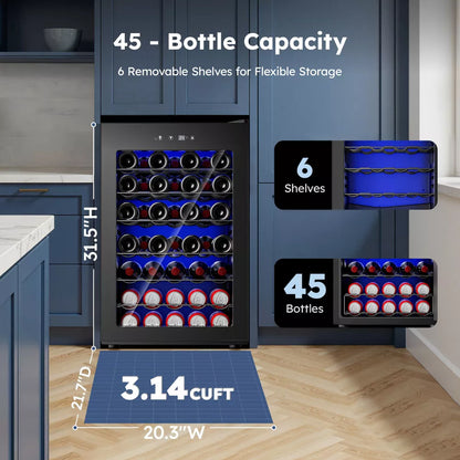 Simzlife 45 Bottle/4.5 cu. ft. Wine Refrigerator Built-in, Digital Temperature, Quiet Operation, Stainless Steel Glass Door, Black