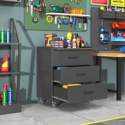 VIYET 35"H 3-Drawer Heavy-Duty Steel Storage Cabinet with Lockable Wheels, 200LBS Capacity for Garage/Office/Home Organizer (Black)