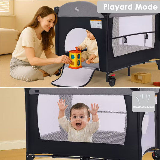 Kinder King 4-in-1 Portable Nursery Center and Bedside Crib with Bassinet, Changing Table, Storage Basket, Side Zipper & Travel Bag