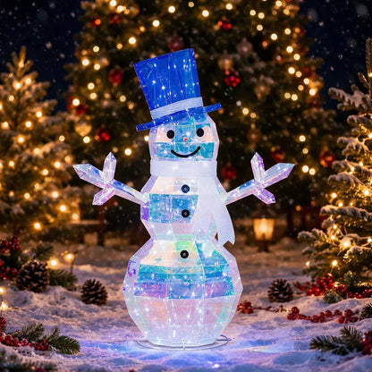 Romswi 4FT Pre-Lit 2.5D Iridescent Prismatic Snowman Lighted Outdoor Christmas Decoration w/ 100 LED Lights Xmas Holiday Decor for Yard Patio Garden