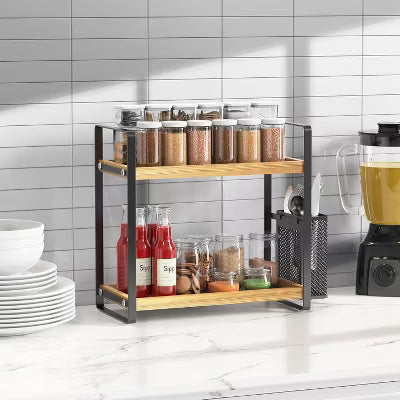 2-Layer Wooden Bathroom Countertop Storage Rack with Storage Baskets