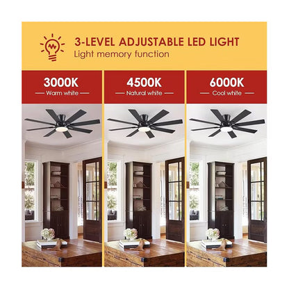 52 Inches Low Profile 8 Blades Modern Quiet Ceiling Fan with Light and Remote APP Control