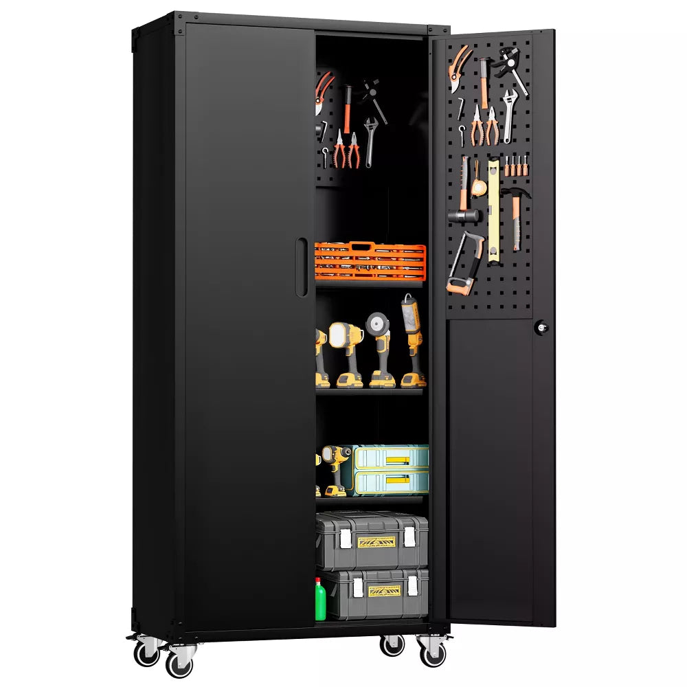 VIYET 71" Garage Storage Cabinet with Wheels, Locking Steel Doors & Adjustable Shelves, Heavy Duty Metal Organizer