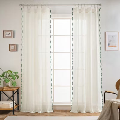 DriftAway Semi Sheer Scalloped Edge White Coastal Beach Window Curtains for Living Room Bedroom 2 Panels Rod Pocket Linen Loden Green 52X96