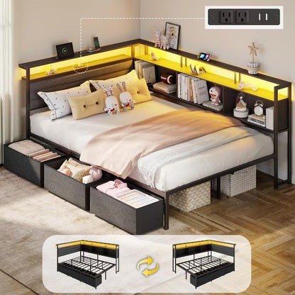 Qwatto Black Full Bed Frame with LED Lights Charging Station Storage Bookcase 3 Drawers Upholstered Headboard Corner Daybed No Box Spring Support