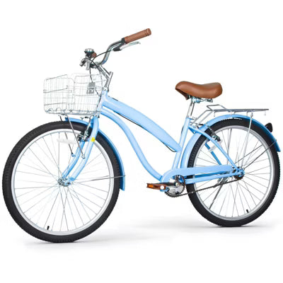 Hykolity 26 Inch Cruiser Beach Bike Commuter Bicycle for Adult Women Men City Bikes with Basket Comfort Saddle Rear Rack Blue
