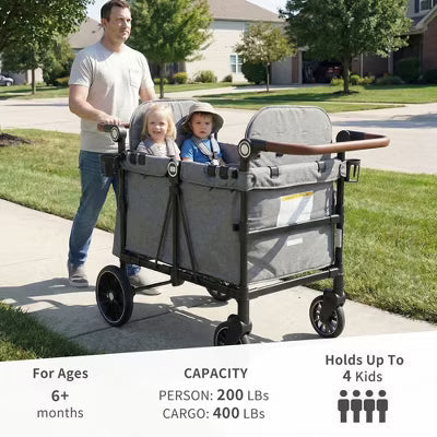 Kinder King All-Terrain Stroller Wagon for 4 Kids with Canopy, Shock-Absorbing Wheels, Snack Tray, Storage Bag & Adjustable Handle, Gray