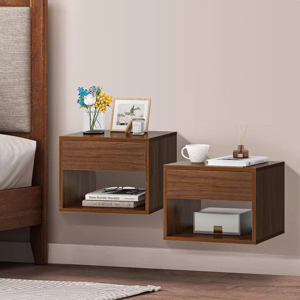 Resenkos Rustic Floating Nightstand Set of 2, Wood Wall Shelves and Floating Night Stand for Storage in Bedroom, Walnut Brown