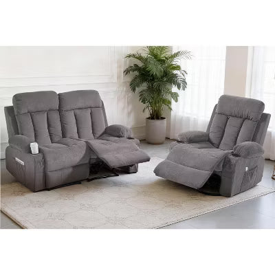 BOSMILLER Manual Recliner Sofa Set, 2 Piece Reclining Living Room Furniture Sets with Cup Holders for Home Theater, Office (Grey, Loveseat+Chair)