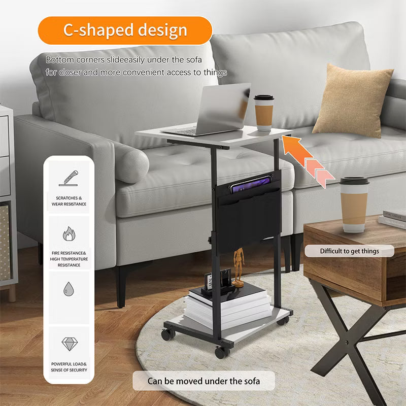 KOLIGEY Height Adjustable C-Shaped End Table with Wheels, Mobile Sofa Side Table with Storage Pocket, Rolling Laptop Desk, Lockable Casters