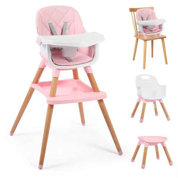 Kinder King 7 in 1 Baby High Chair Convert to Wooden Feeding Chair Removable Tray 5-Point Harness Gray