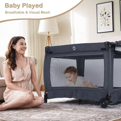 Kinder King 4-in-1 Convertible Baby Playard with Bassinet, Diaper Changer, Cradle&Bedside Sleeper, Breathable Mesh, Storage Organizer&Lockable Wheels