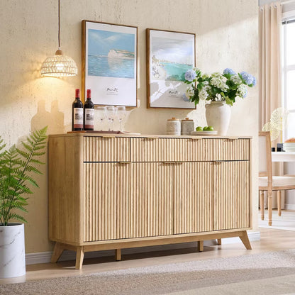60" Buffet Sideboard Cabinet, Fluted Coffee Bar Table with 3 Drawers & 4 Doors, Modern Sideboard for Dining Room, Living Room