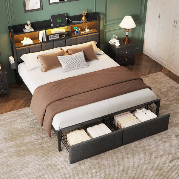 Qwatto Queen Bed Frame With Charging Station LED Lights Upholstered Storage Headboard Shelf Under Bed Drawers Metal Platform No Box Spring Needed