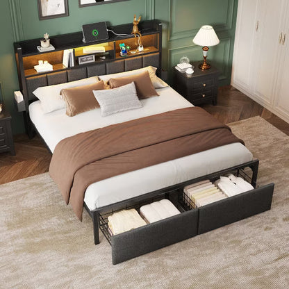 Qwatto Queen Bed Frame With Charging Station LED Lights Upholstered Storage Headboard Shelf Under Bed Drawers Metal Platform No Box Spring Needed