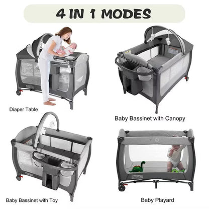 Kinder King 4-in-1 Portable Pack 'n Play with Bassinet, Changing Table, Adjustable Canopy, Storage Basket & Travel Bag – Infant to Toddler Playard