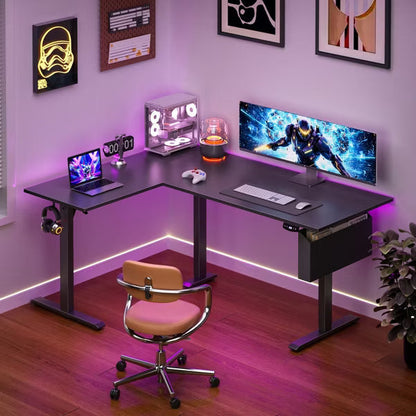Qwatto 63'' L Shaped Electric Standing Desk Sit to Stand Reversible Corner Desk Adjustable Height Computer Table Memory Presets Home Office Gaming