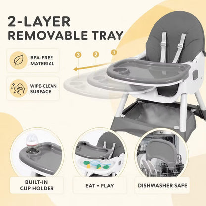 TUMAJUP 7-in-1 Foldable Baby High Chair, Height Adjustable Feeding Chair with Tray