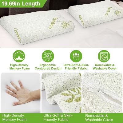 Contoured Memory Foam Pillow with Soft Bamboo-Fabric Cover, Breathable Surface and Ergonomic Neck Support for Restful Nights - White